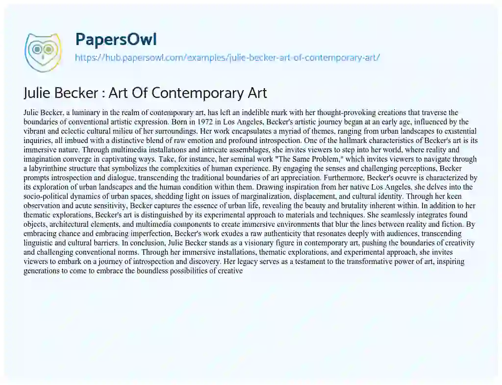 Essay on Julie Becker : Art Of Contemporary Art