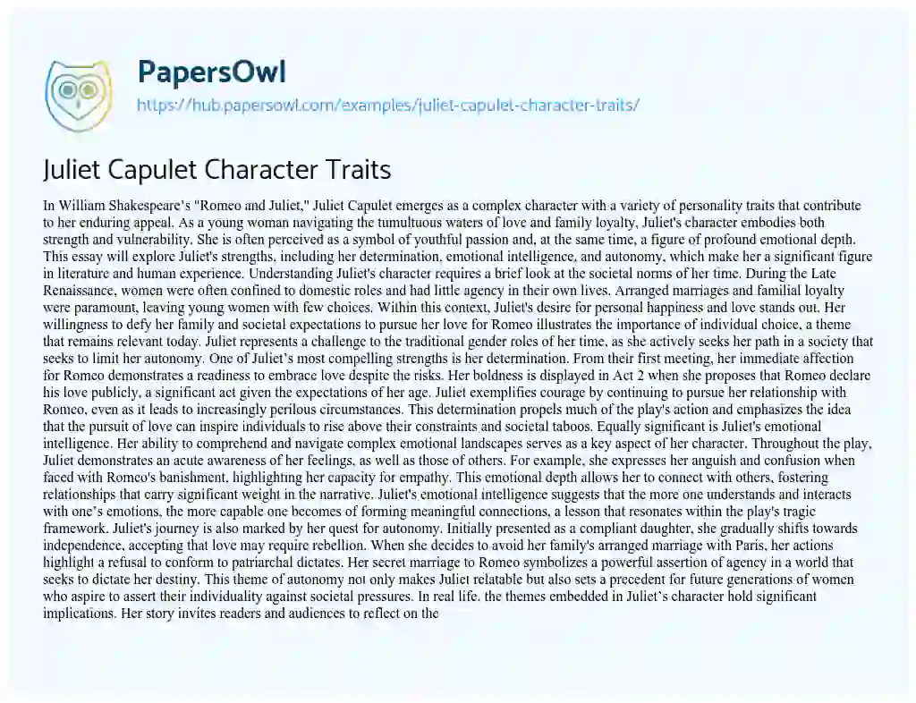 Essay on Juliet Capulet Character Traits