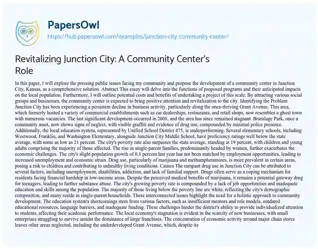 Essay on Revitalizing Junction City: A Community Center’s Role