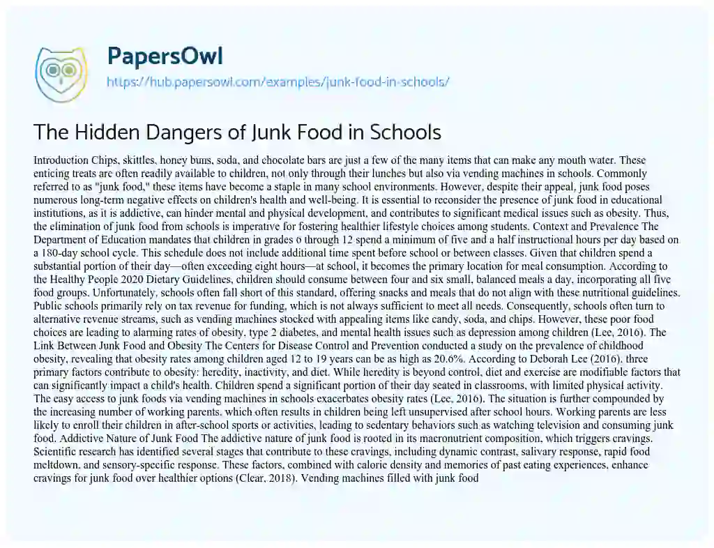 Essay on The Hidden Dangers of Junk Food in Schools