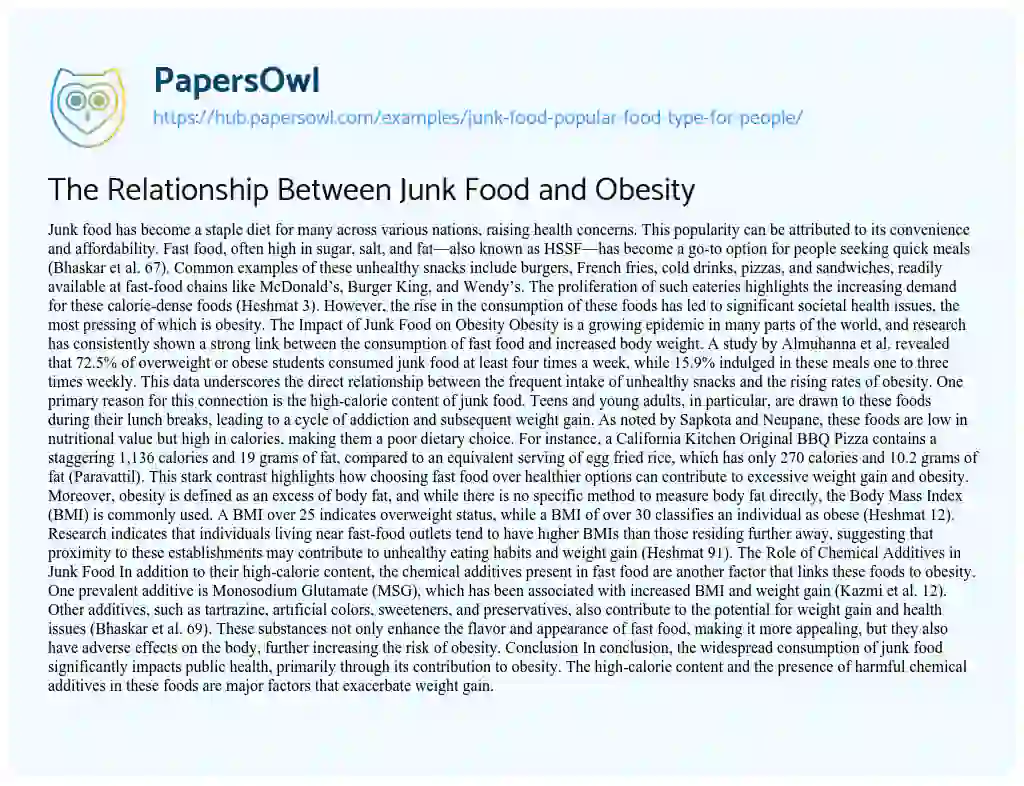 Essay on The Relationship Between Junk Food and Obesity