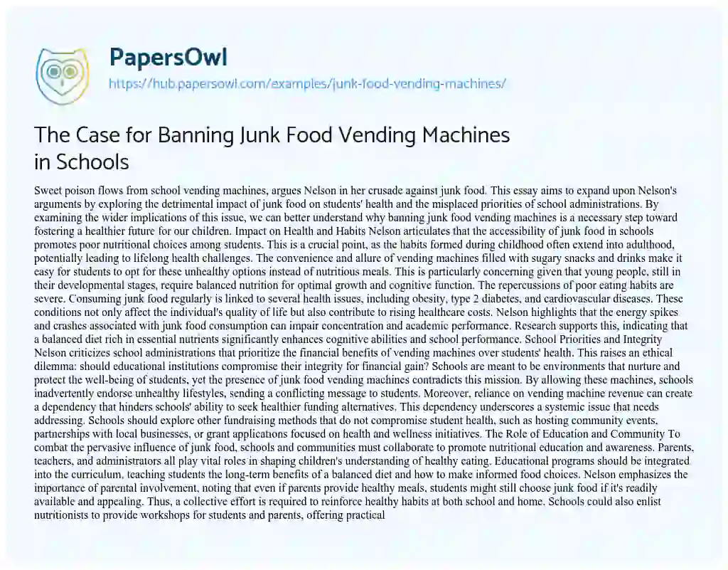 Essay on The Case for Banning Junk Food Vending Machines in Schools
