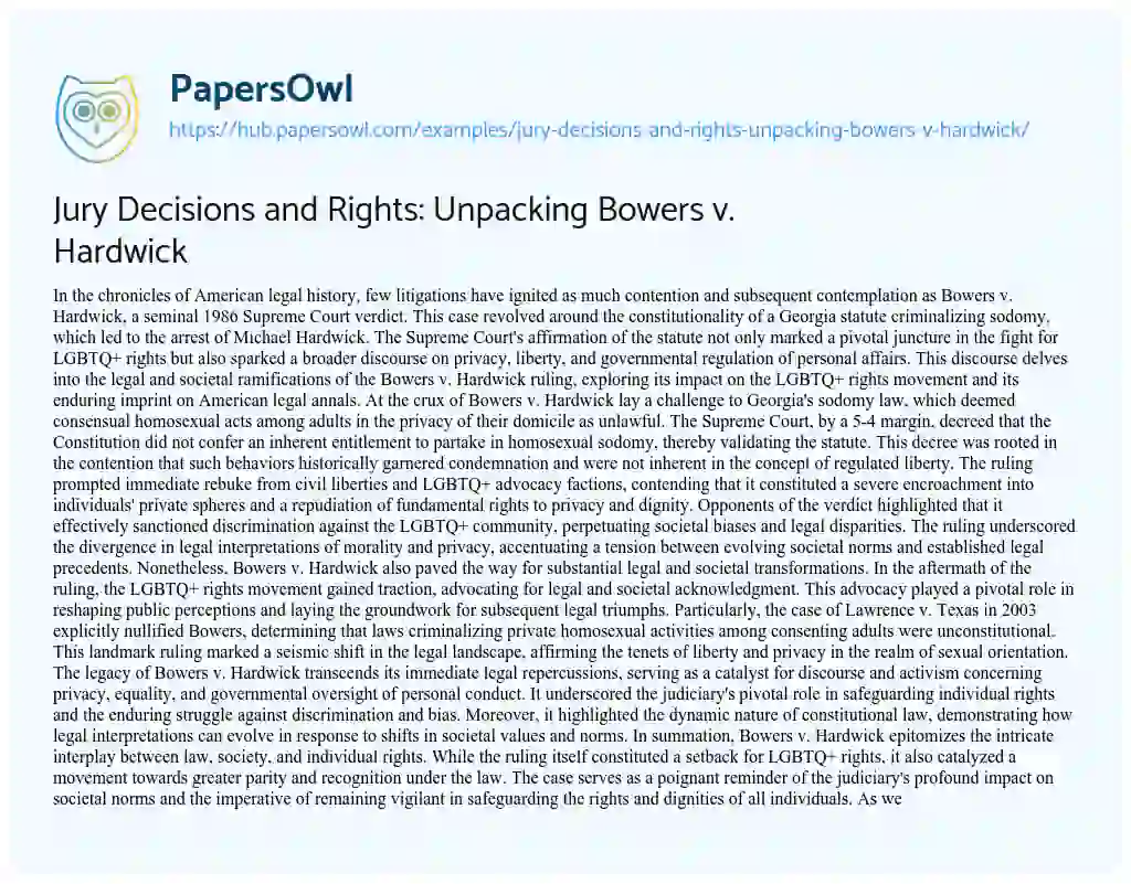 Essay on Jury Decisions and Rights: Unpacking Bowers v. Hardwick