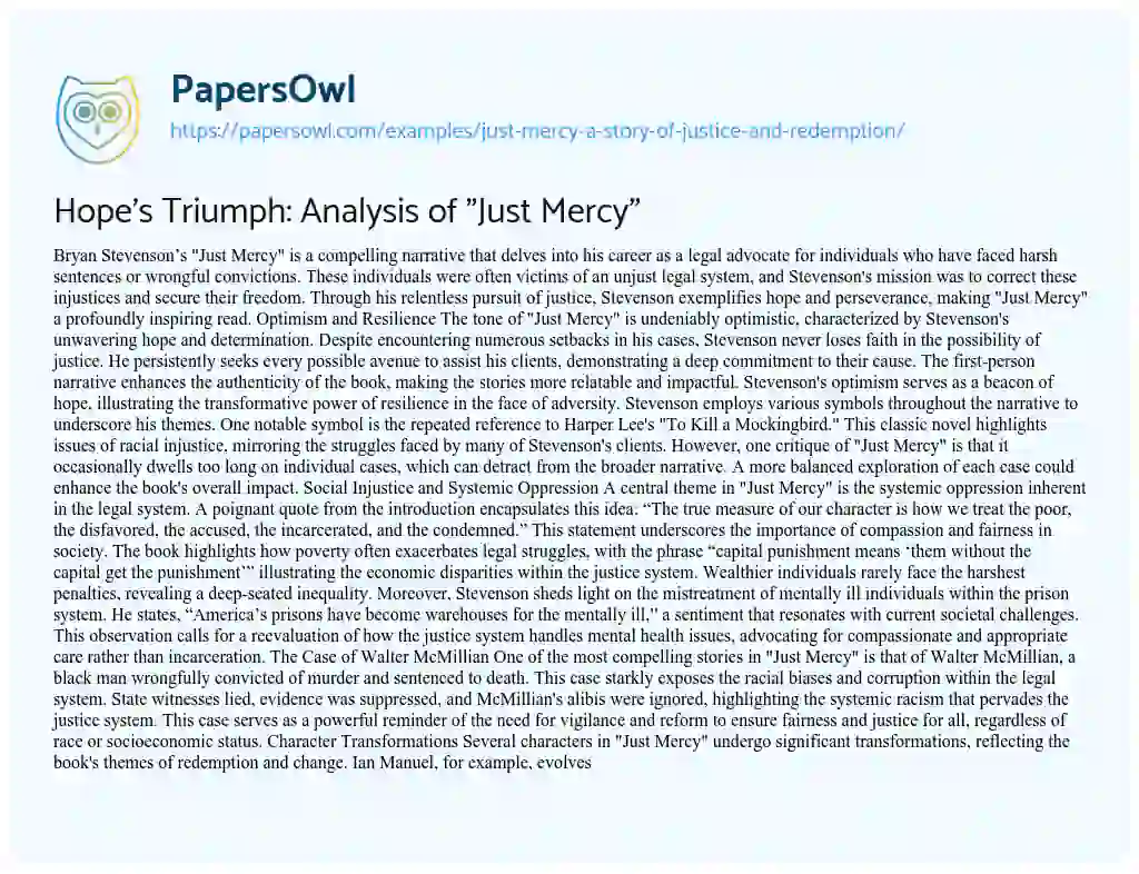 Essay on Hope’s Triumph: Analysis of “Just Mercy”