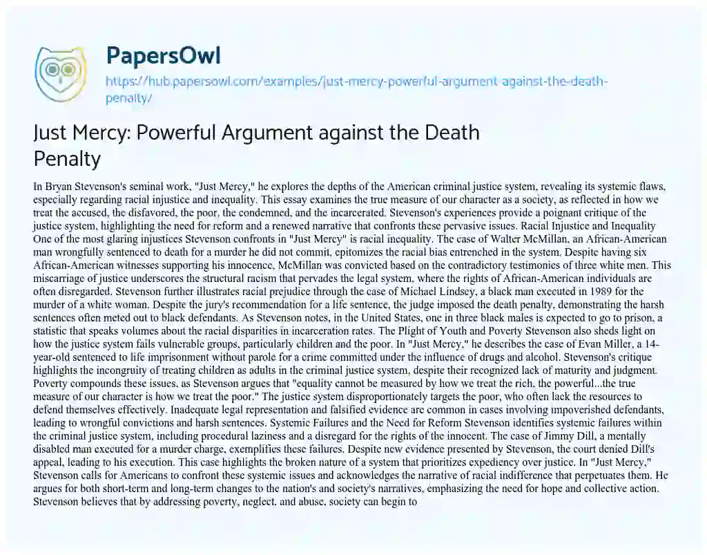 Essay on Just Mercy: Powerful Argument against the Death Penalty