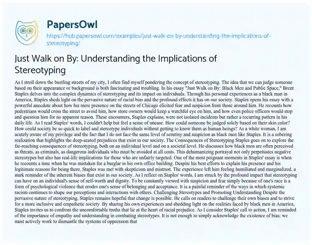 Essay on Just Walk on By: Understanding the Implications of Stereotyping