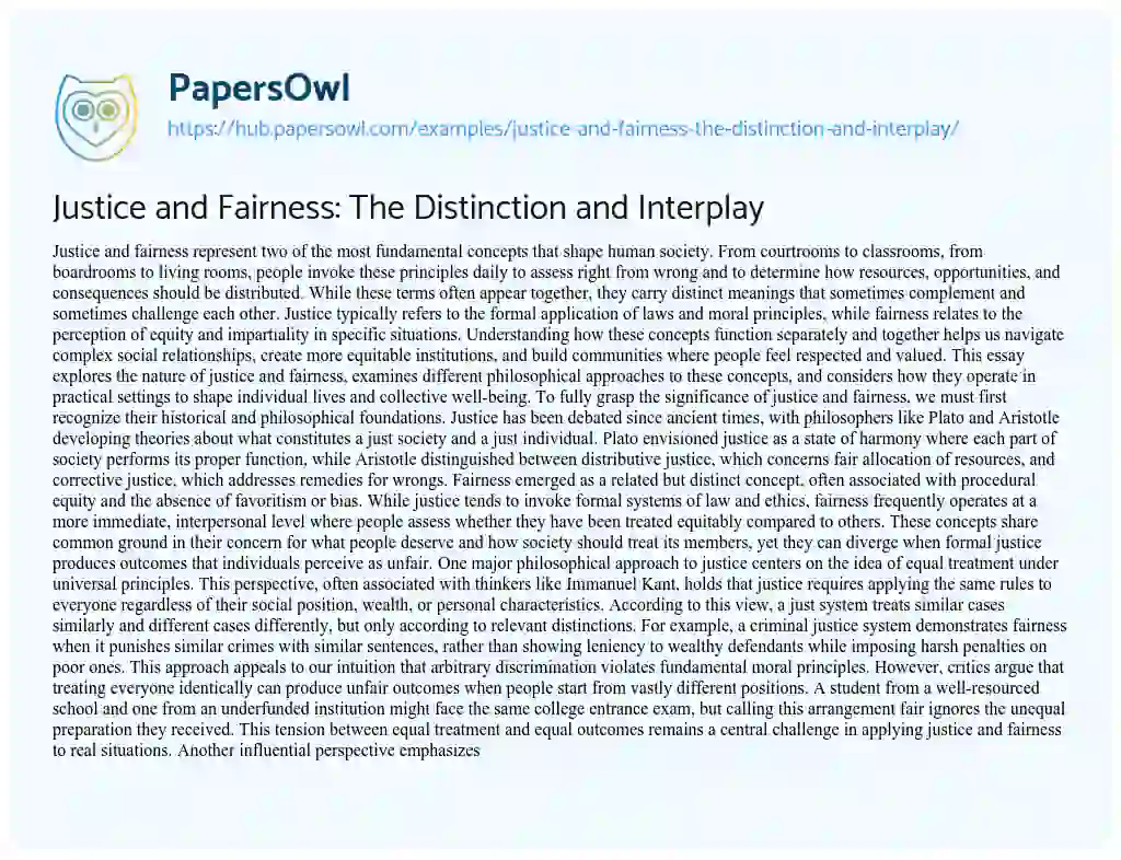 Essay on Justice and Fairness: The Distinction and Interplay