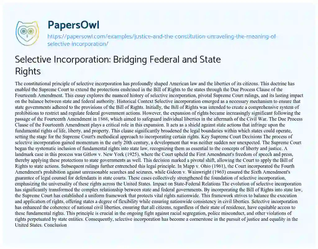 Essay on Selective Incorporation: Bridging Federal and State Rights