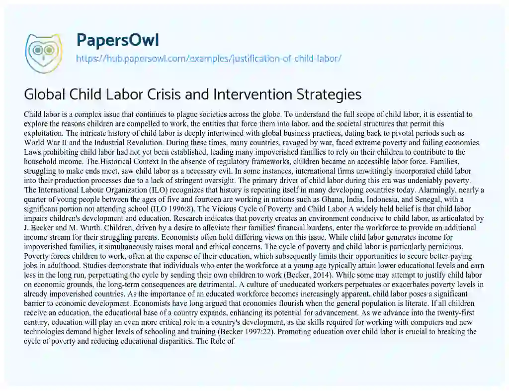 Essay on Global Child Labor Crisis and Intervention Strategies
