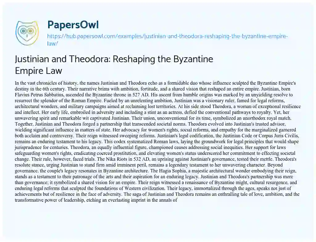 Essay on Justinian and Theodora: Reshaping the Byzantine Empire Law