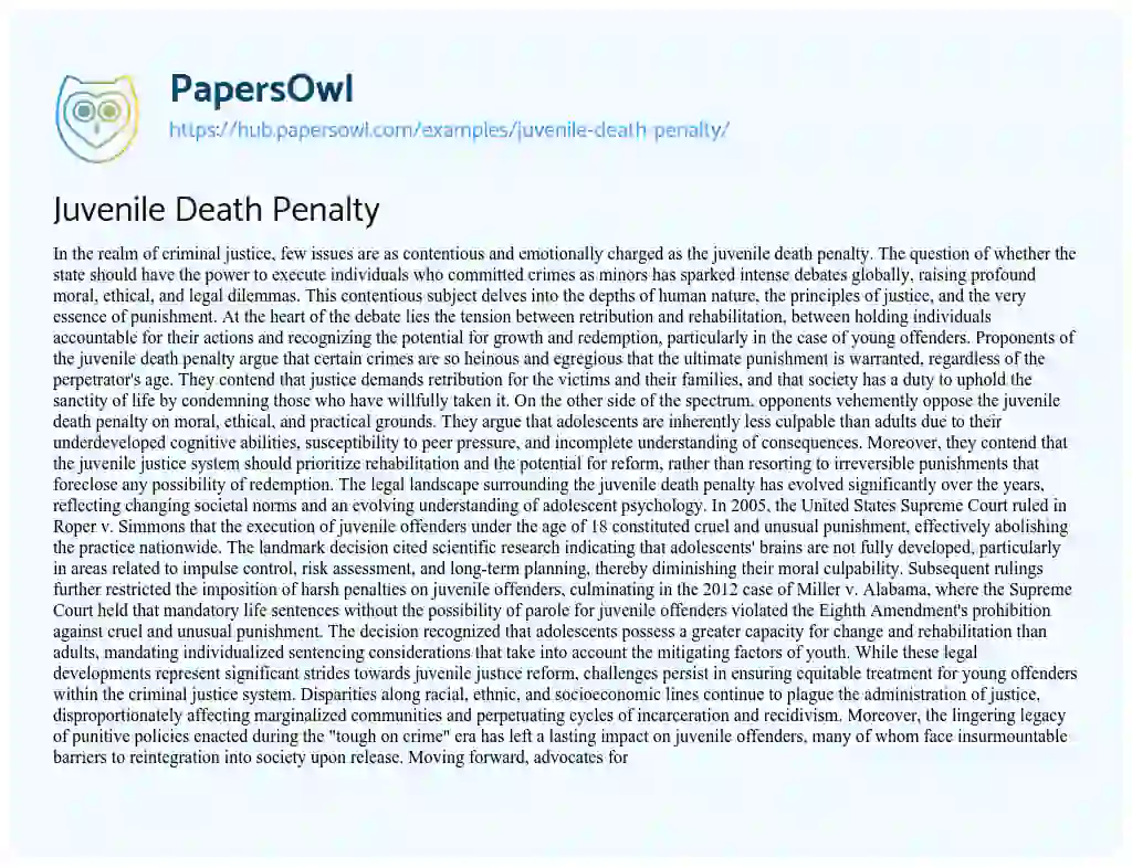 Essay on Juvenile Death Penalty