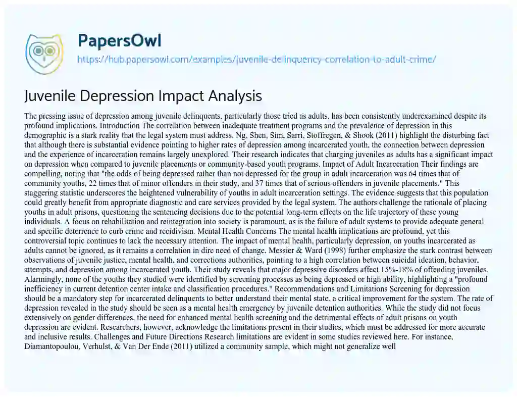 Essay on Juvenile Depression Impact Analysis