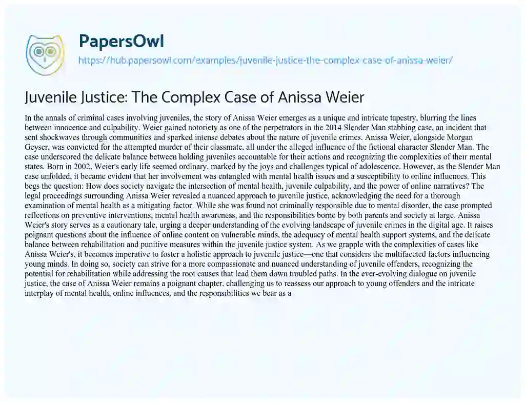 Essay on Juvenile Justice: The Complex Case of Anissa Weier