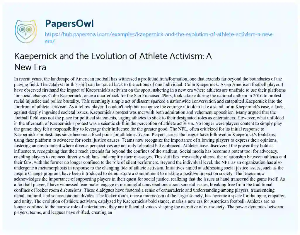 Essay on Kaepernick and the Evolution of Athlete Activism: A New Era