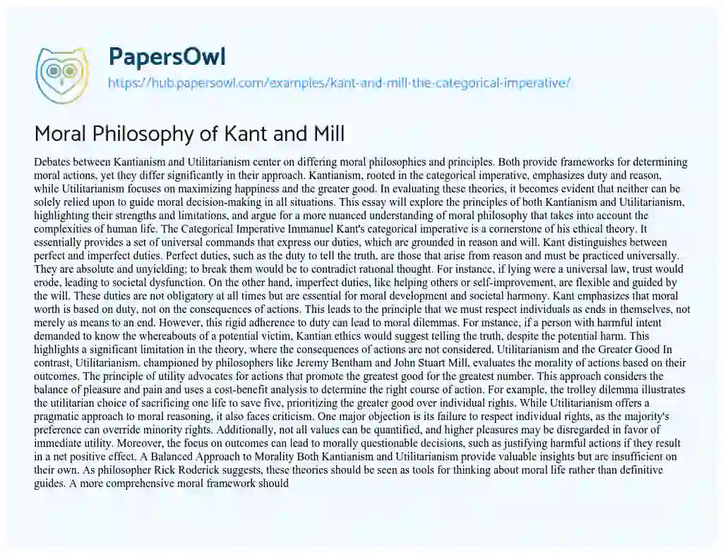 Essay on Moral Philosophy of Kant and Mill