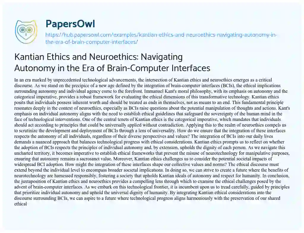 Essay on Kantian Ethics and Neuroethics: Navigating Autonomy in the Era of Brain-Computer Interfaces