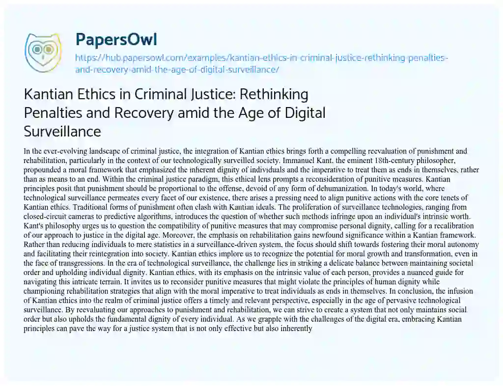 Essay on Kantian Ethics in Criminal Justice: Rethinking Penalties and Recovery amid the Age of Digital Surveillance