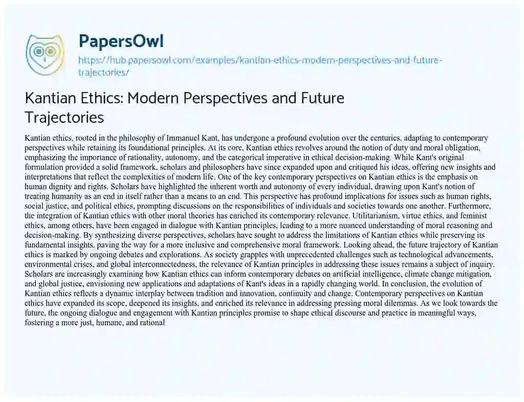 Essay on Kantian Ethics: Modern Perspectives and Future Trajectories