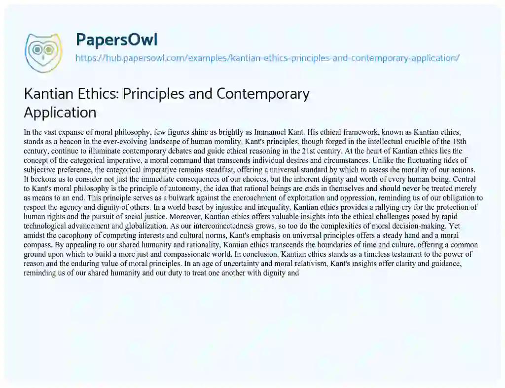 Essay on Kantian Ethics: Principles and Contemporary Application