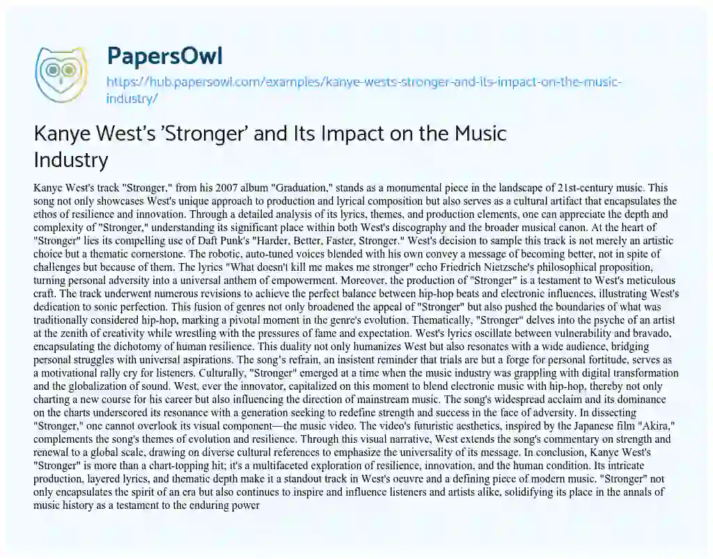 Essay on Kanye West’s ‘Stronger’ and Its Impact on the Music Industry