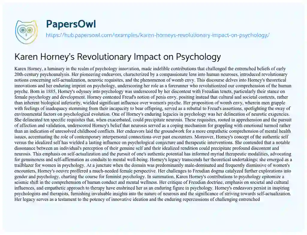 Essay on Karen Horney’s Revolutionary Impact on Psychology