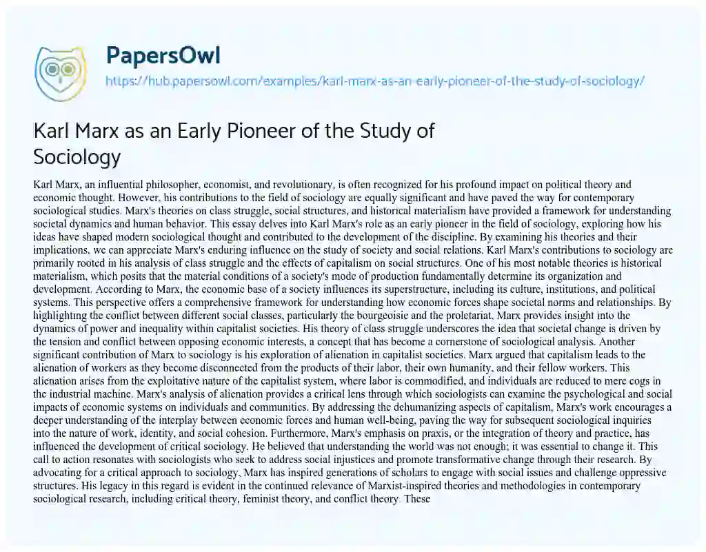 Essay on Karl Marx as an Early Pioneer of the Study of Sociology