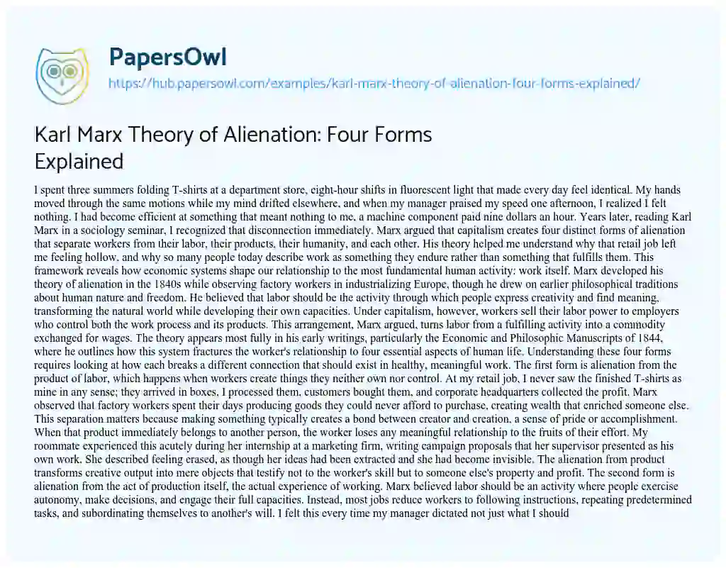 Essay on Karl Marx Theory of Alienation: Four Forms Explained