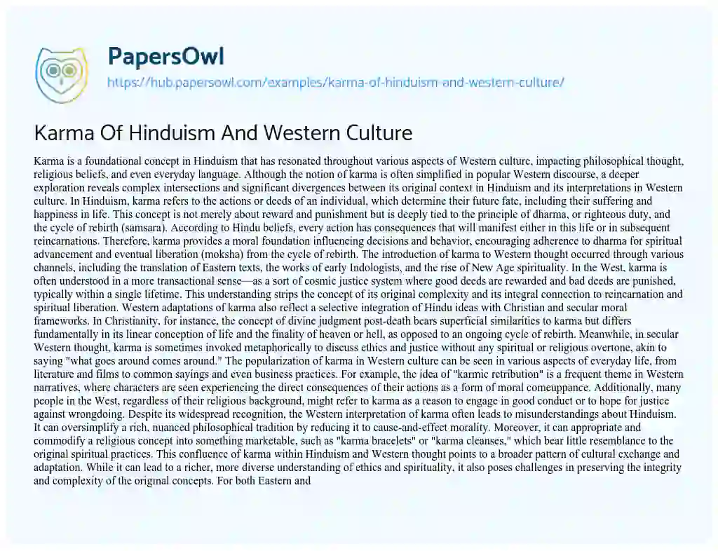 Essay on Karma Of Hinduism And Western Culture