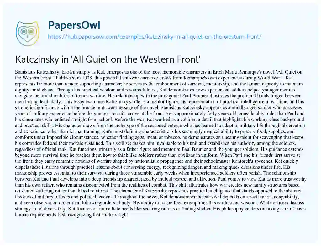 Essay on Katczinsky in ‘All Quiet on the Western Front’