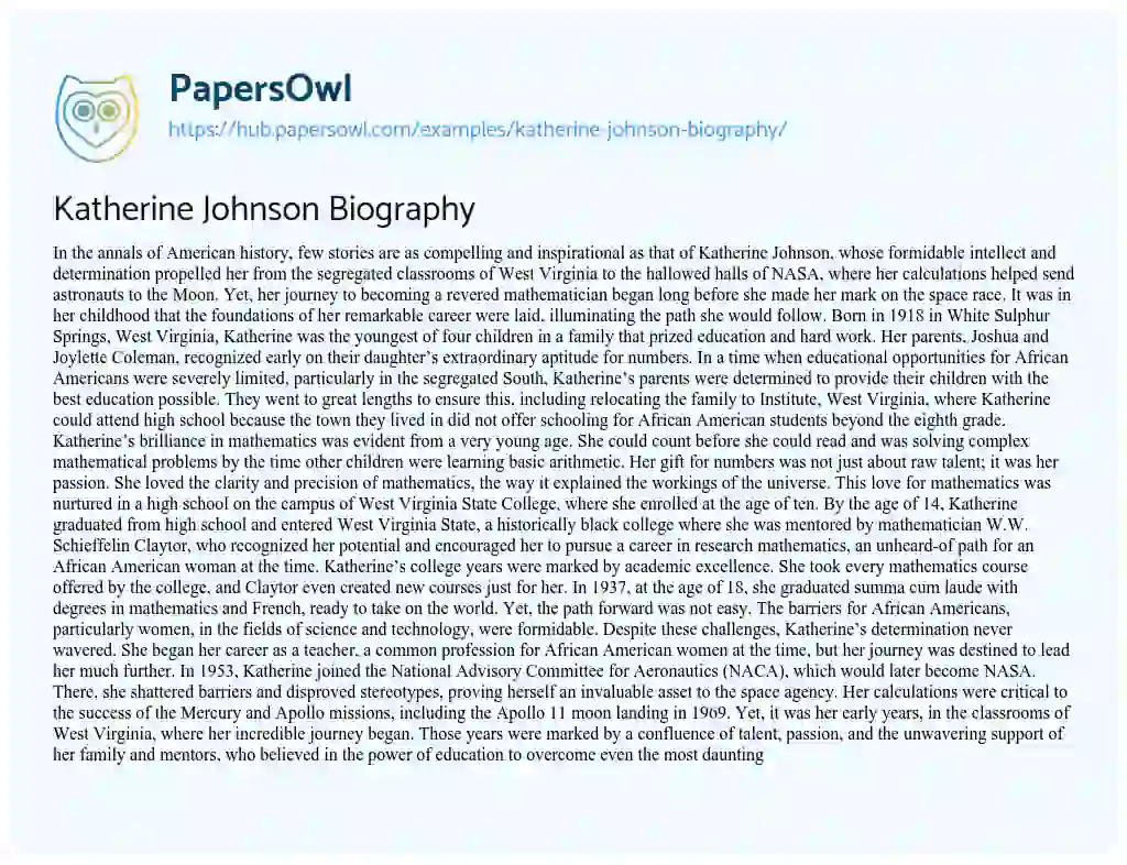 Essay on Katherine Johnson Biography