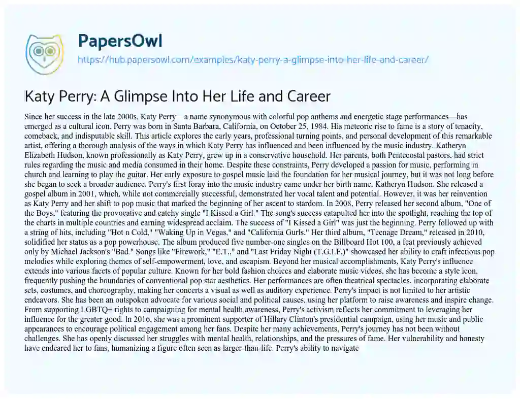 Essay on Katy Perry: A Glimpse Into Her Life and Career