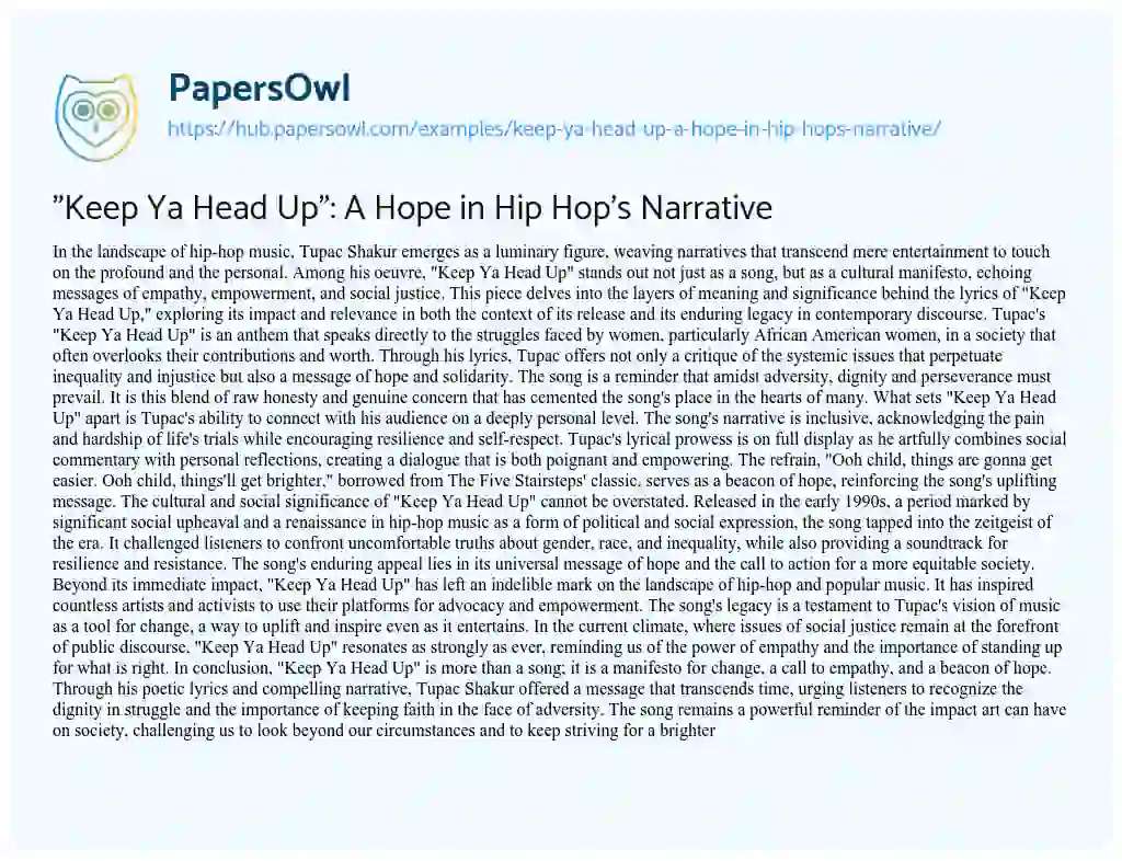 Essay on “Keep Ya Head Up”: A Hope in Hip Hop’s Narrative