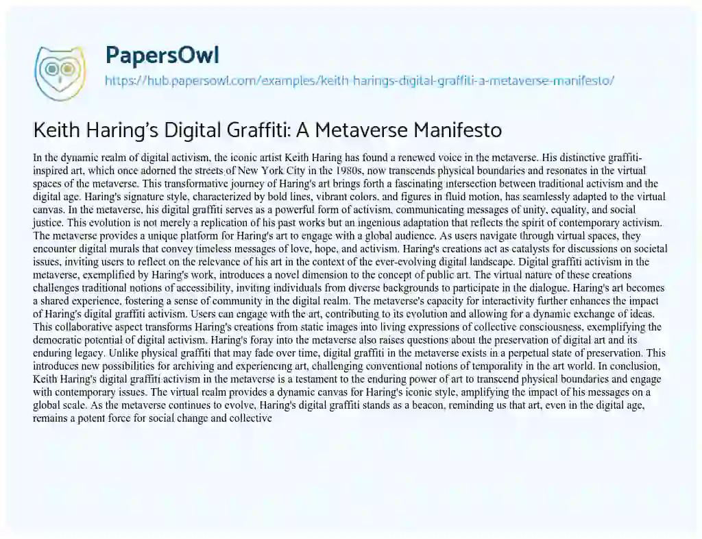 Essay on Keith Haring’s Digital Graffiti: A Metaverse Manifesto
