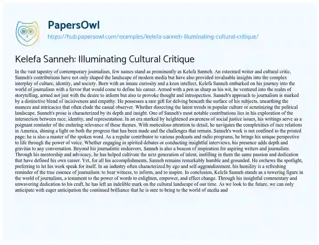 Essay on Kelefa Sanneh: Illuminating Cultural Critique