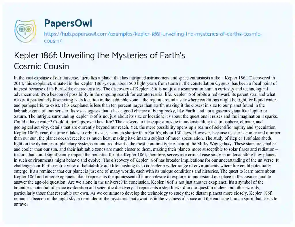 Essay on Kepler 186f: Unveiling the Mysteries of Earth’s Cosmic Cousin