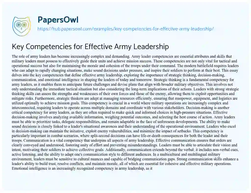 Essay on Key Competencies for Effective Army Leadership