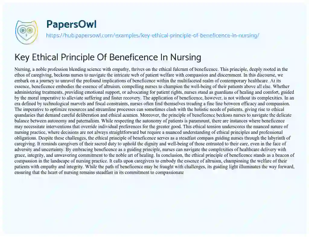 Essay on Key Ethical Principle Of Beneficence In Nursing