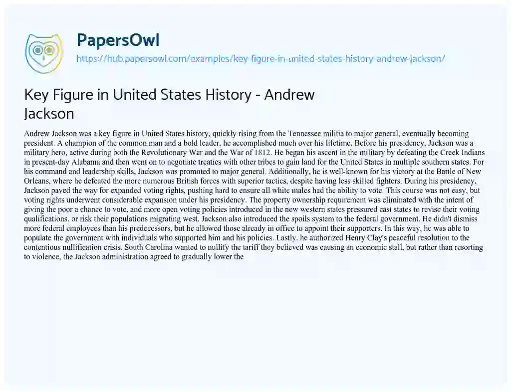 Essay on Key Figure in United States History – Andrew Jackson
