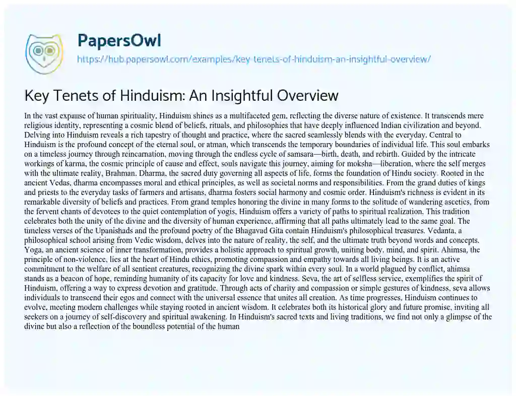 Essay on Key Tenets of Hinduism: An Insightful Overview