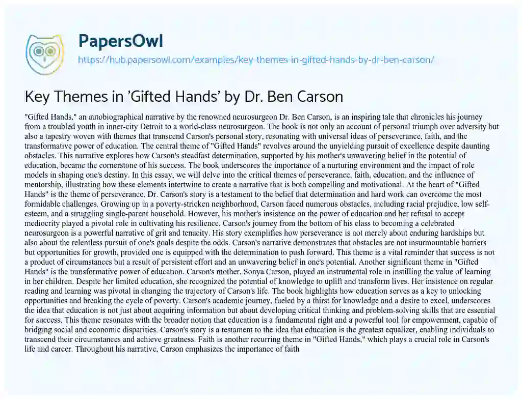 Essay on Key Themes in ‘Gifted Hands’ by Dr. Ben Carson