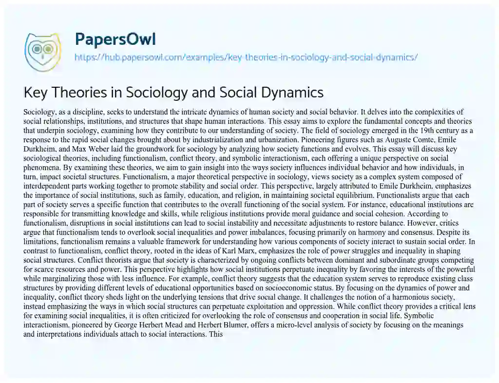Essay on Key Theories in Sociology and Social Dynamics