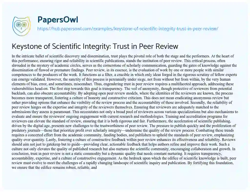 Essay on Keystone of Scientific Integrity: Trust in Peer Review