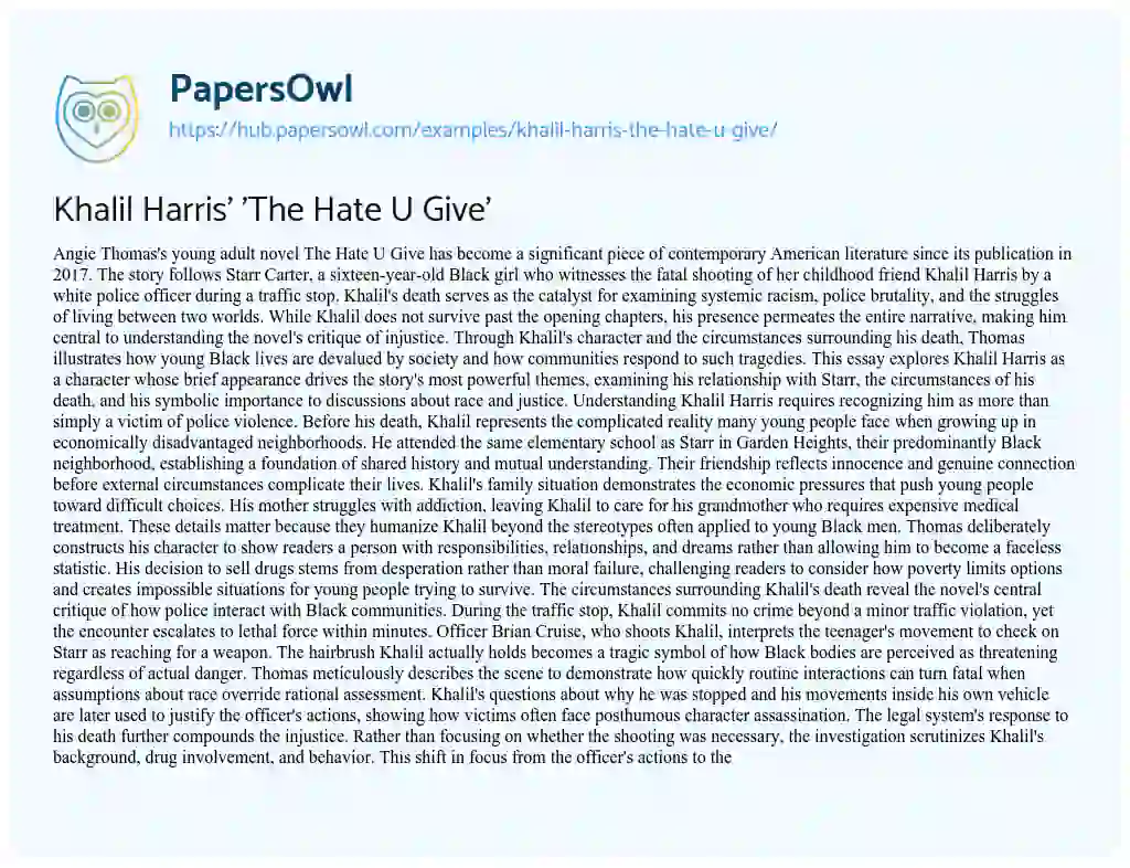 Essay on Khalil Harris’ ‘The Hate U Give’