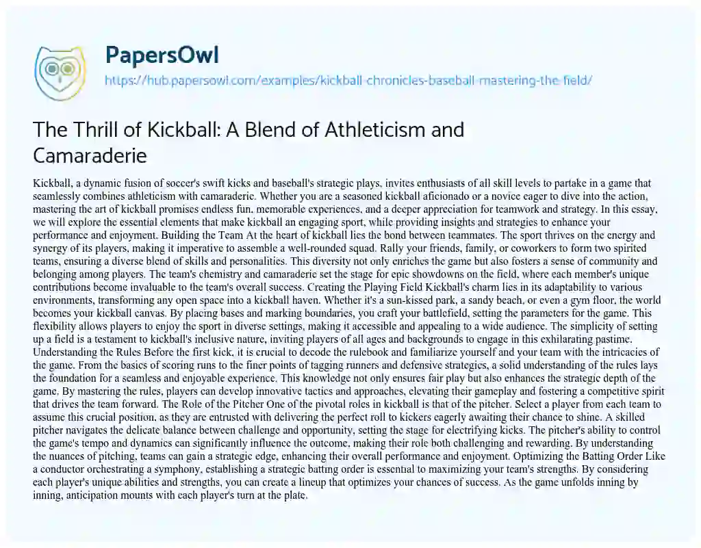 Essay on The Thrill of Kickball: A Blend of Athleticism and Camaraderie