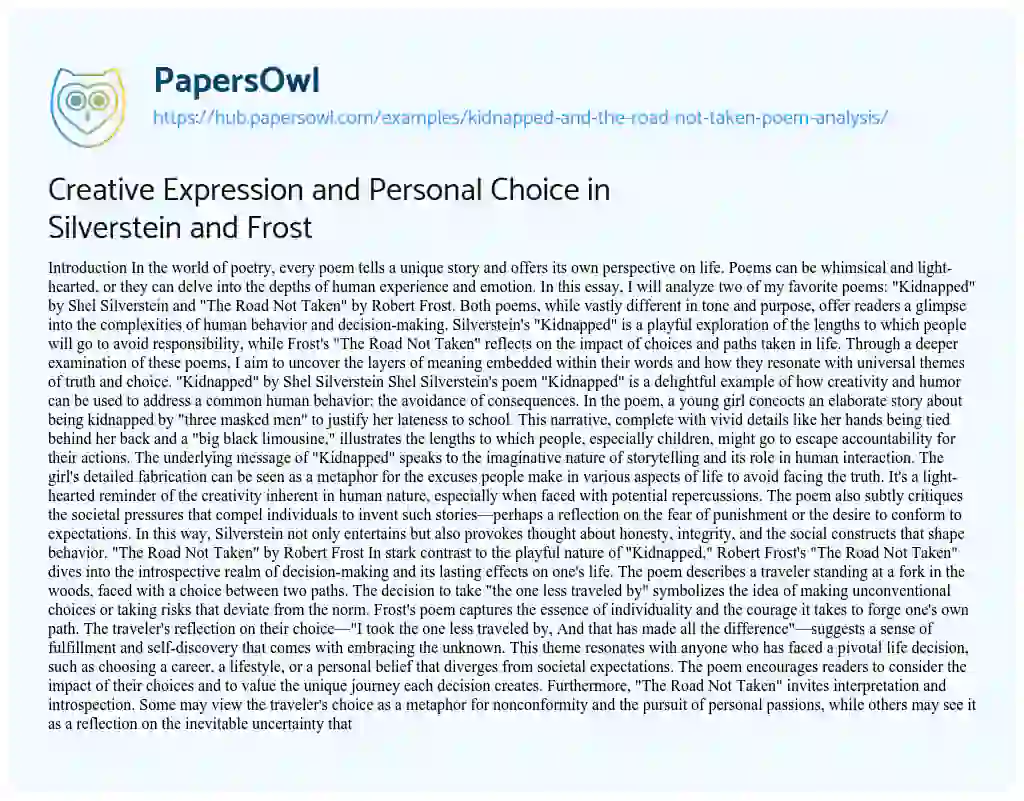 Essay on Creative Expression and Personal Choice in Silverstein and Frost
