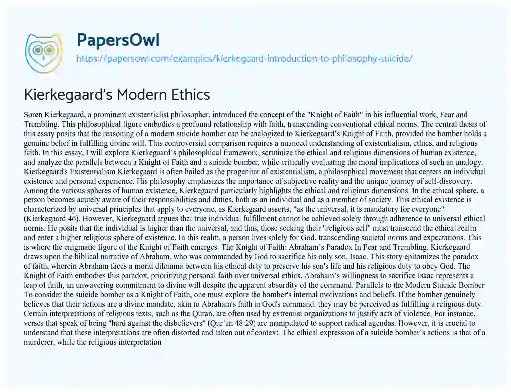 Essay on Kierkegaard’s Modern Ethics