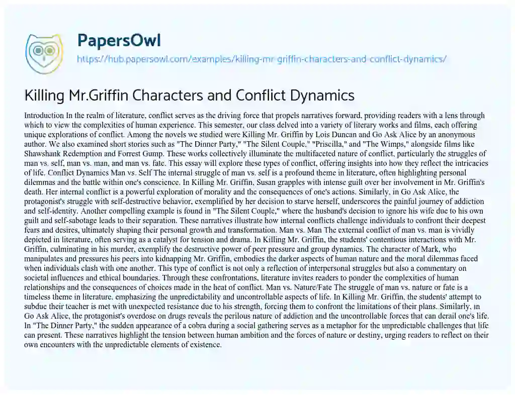 Essay on Killing Mr.Griffin Characters and Conflict Dynamics