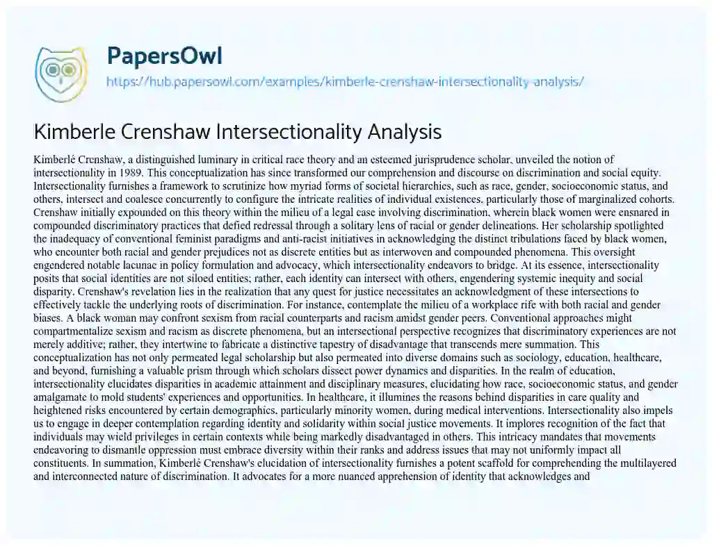 Essay on Kimberle Crenshaw Intersectionality Analysis