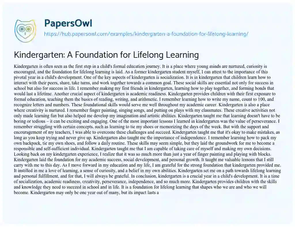 Essay on Kindergarten: A Foundation for Lifelong Learning