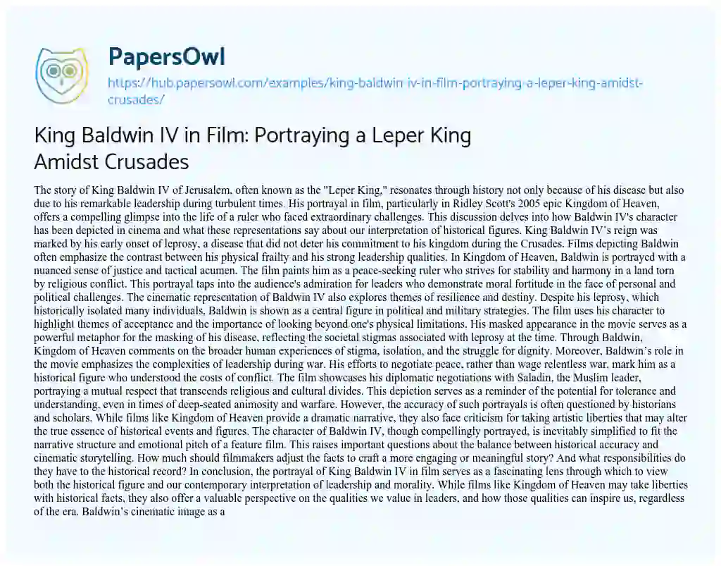 Essay on King Baldwin IV in Film: Portraying a Leper King Amidst Crusades